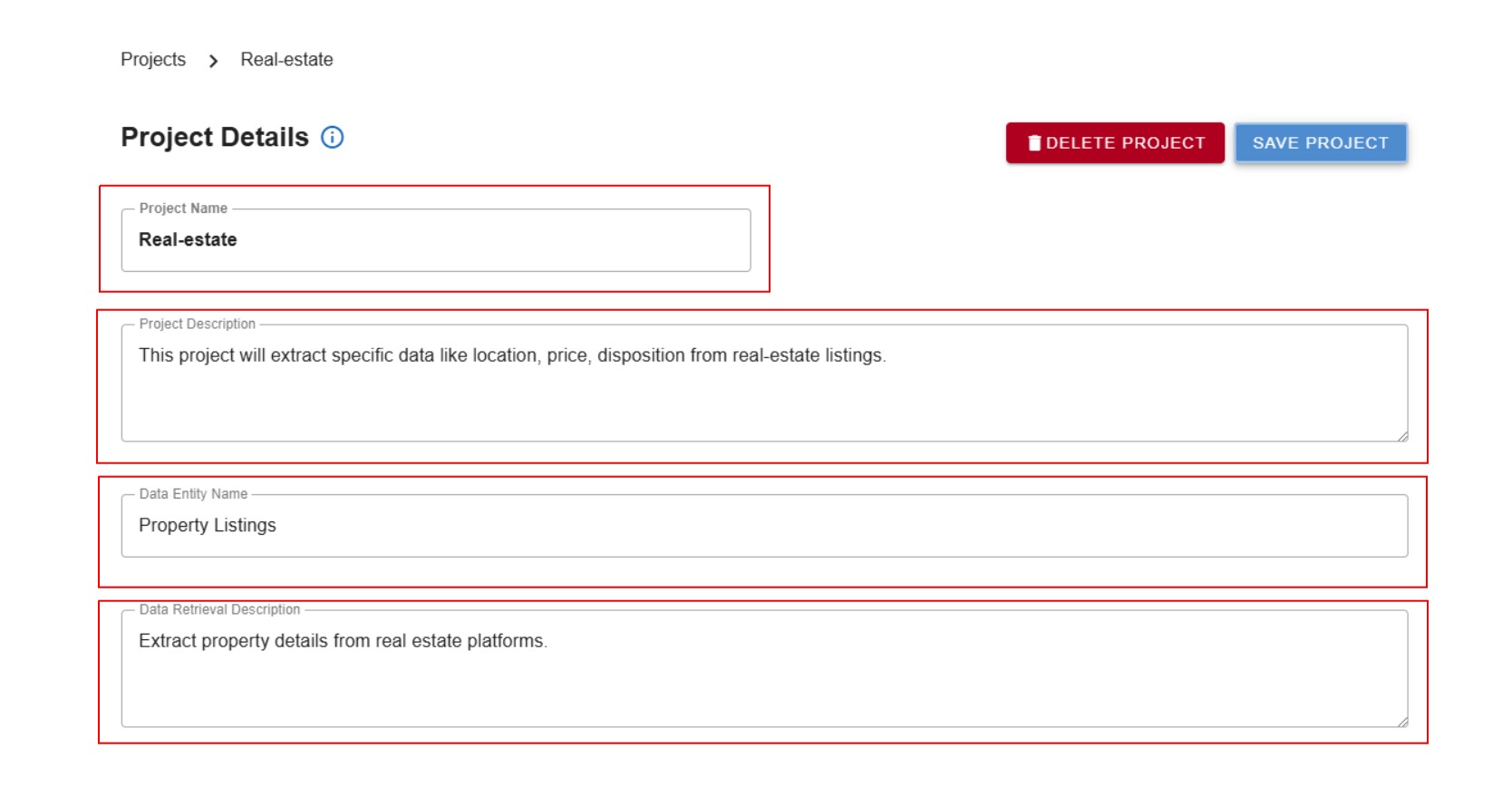How to define project details in Datavestigo
