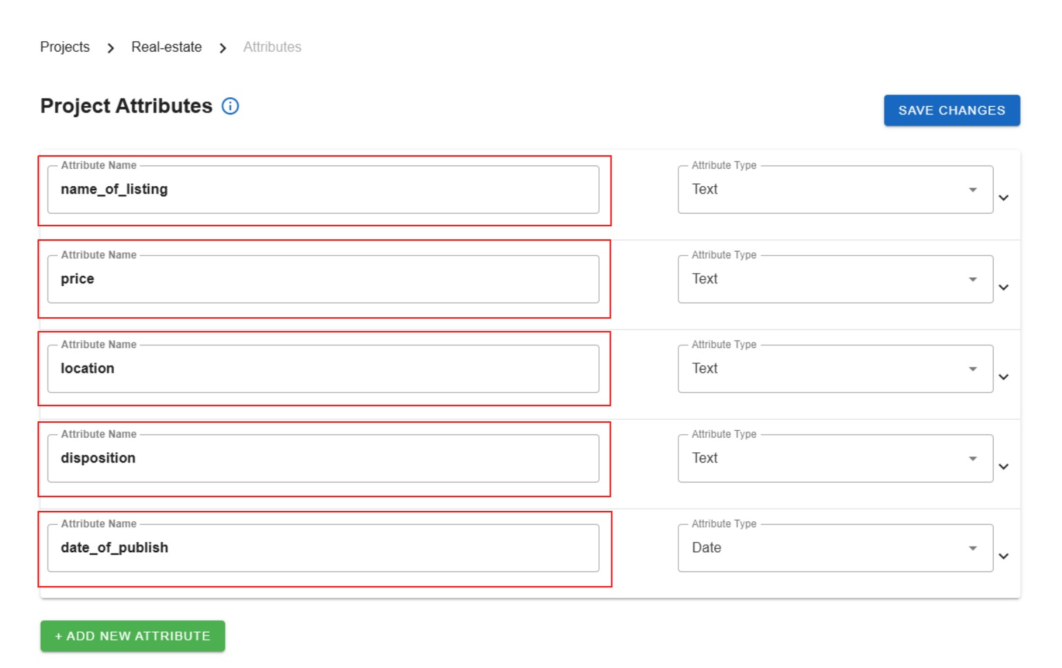 How to define attributes for real-estate listing scraper within Datavestigo