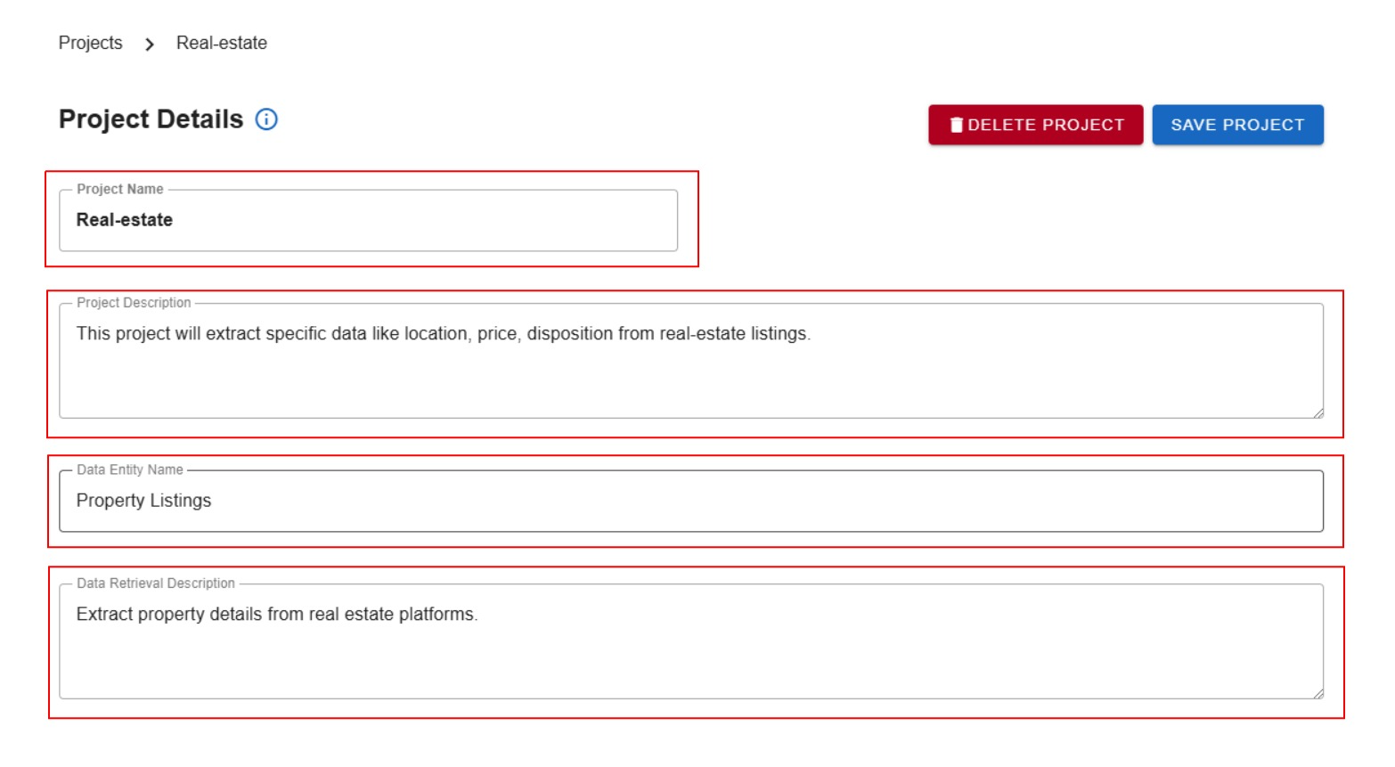 How to define project details for real-estate listing scraper within Datavestigo